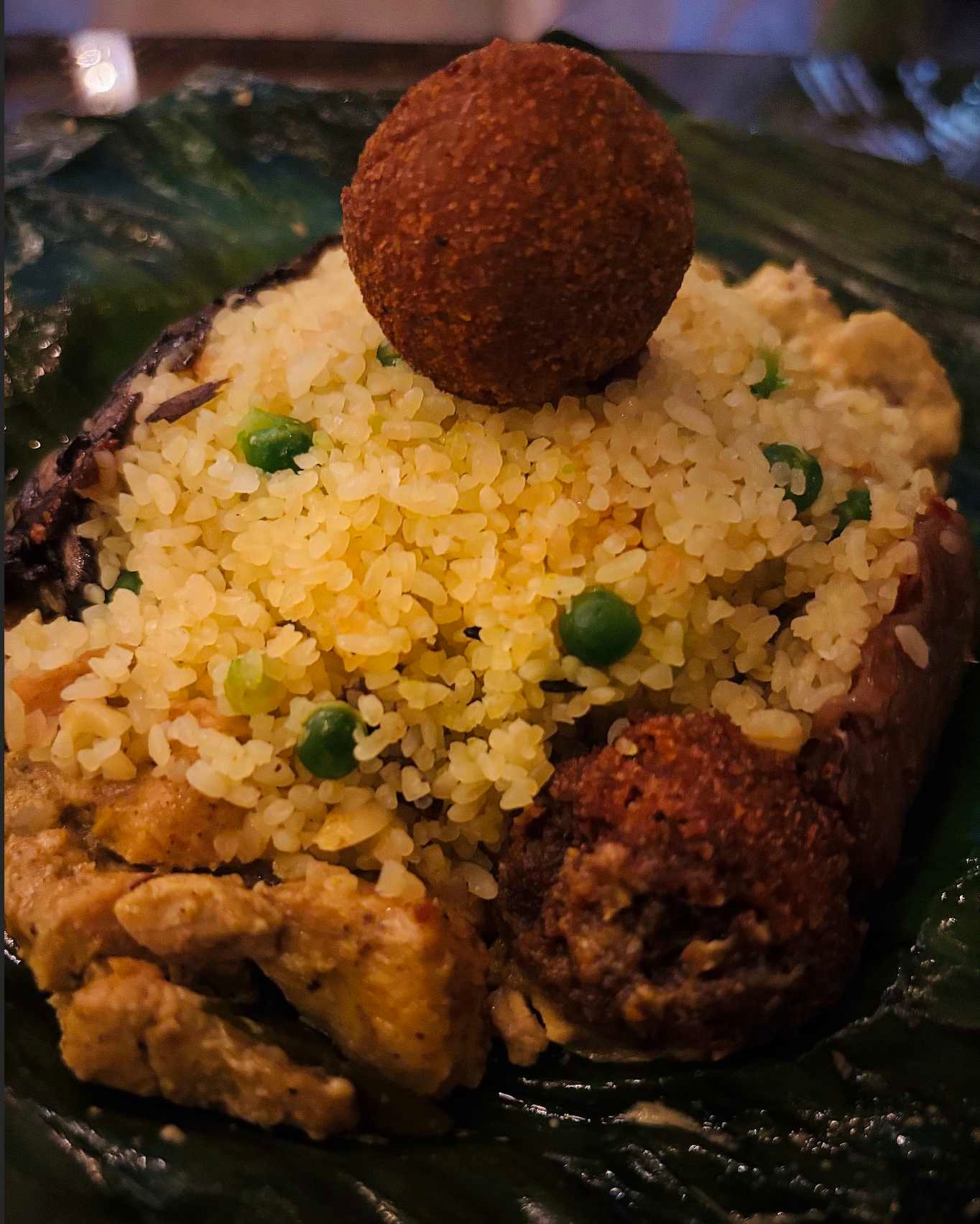 Sri Lankan lamprais wrapped in banana leaf — Dutch Burgher heirloom rice, meat curry and frikkadels